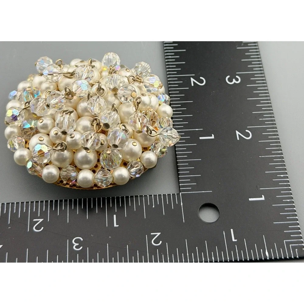 Vintage Kramer Brooch Faux Pearl AB Crystal Clusters Dangling Cha-Cha Style 2.5